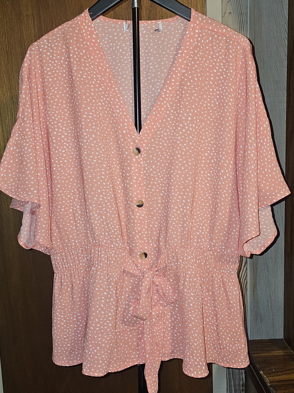 Sweet Rain Coral Pink Dot Button-Front Peplum Top